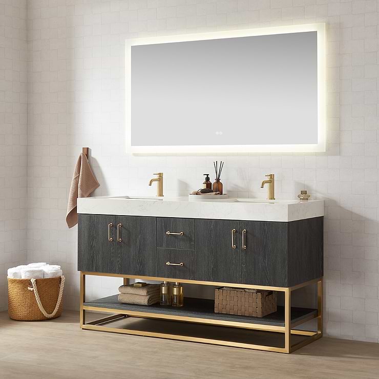 Ithica Black Oak 60" Double Vanity and Gold Hardware with Atlantic Stone Top
