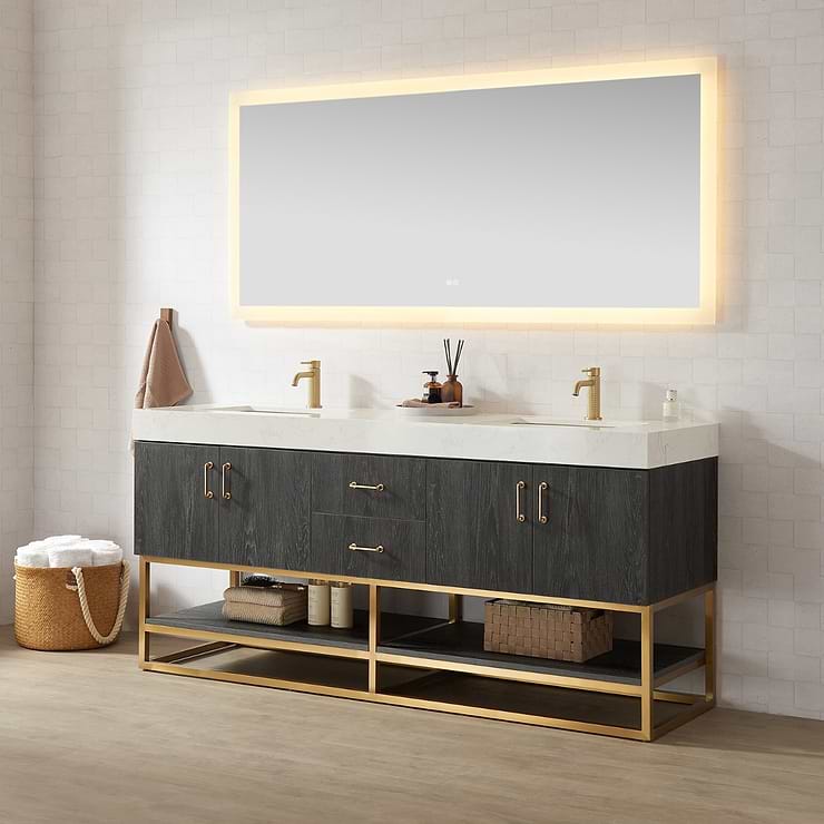 Ithica Black Oak 72" Double Vanity and Gold Hardware with Atlantic Stone Top