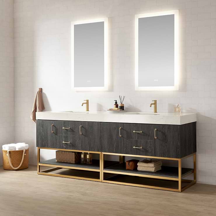 Ithica Black Oak 84" Double Vanity and Gold Hardware with Atlantic Stone Top