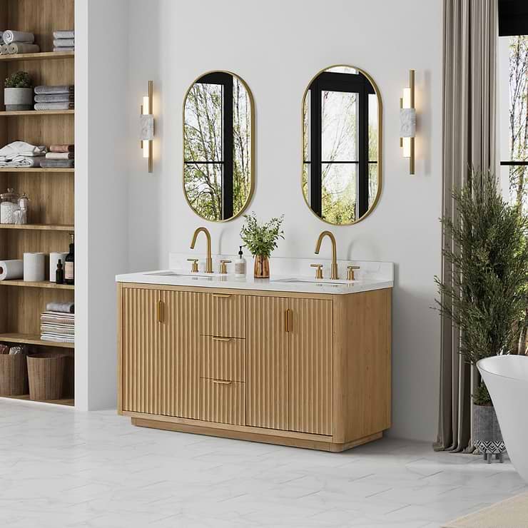 Solara Blonde Oak 60" Double Vanity with Bianco White Stone Top