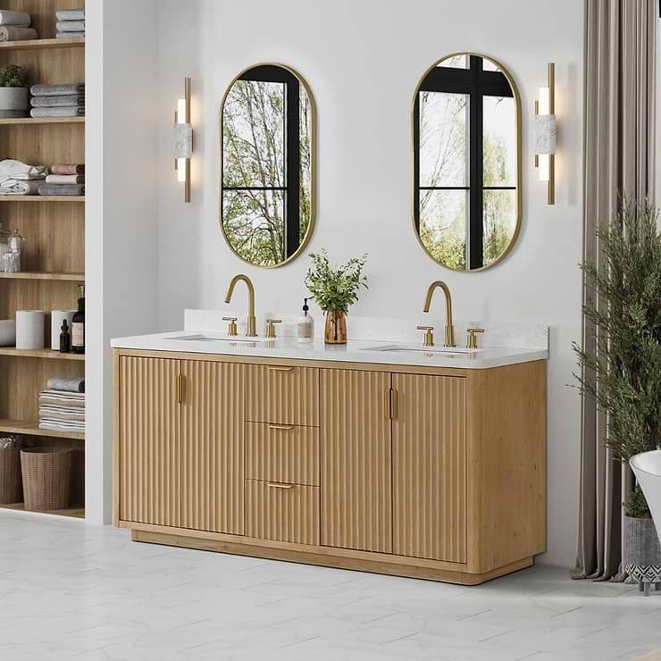 Solara Blonde Oak 72" Double Vanity with Bianco White Stone Top