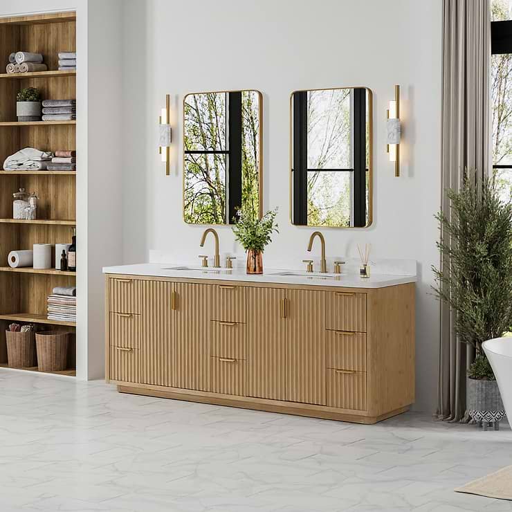 Solara Blonde Oak 84" Double Vanity with Bianco White Stone Top