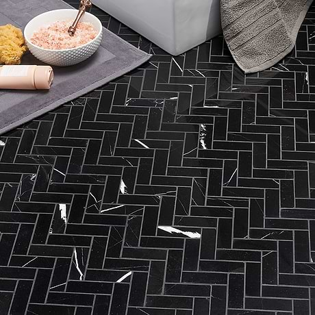 Nero Marquina 1x3 Herringbone Polished Marble Mosaic Tile