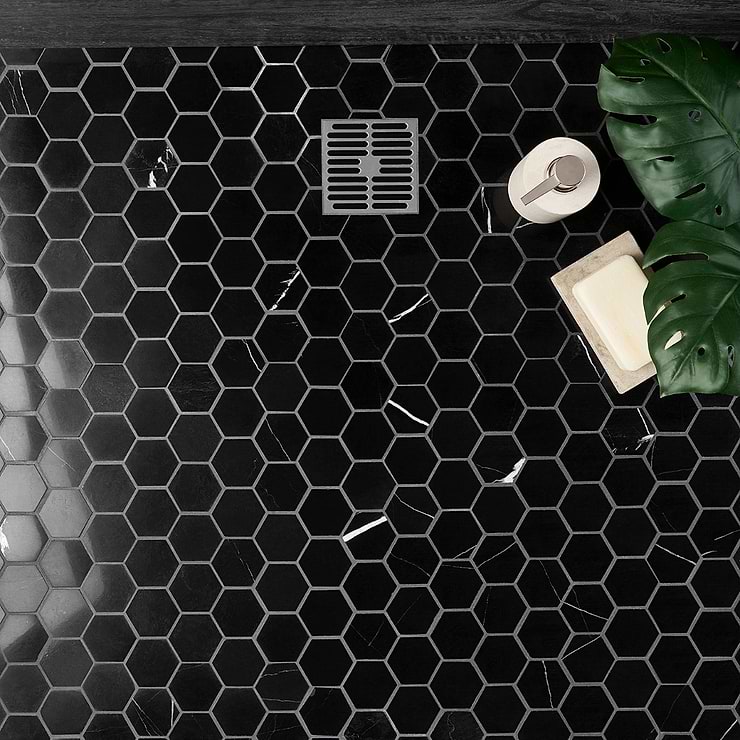 Nero Marquina 2" Hexagon Polished Marble Mosaic