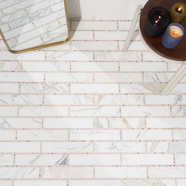 New Palm Beach by Krista Watterworth Brick White Rose 3x12" Polished Marble Mosaic