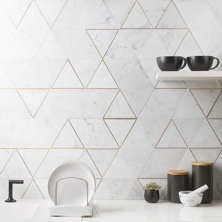 Verin Carrara Polished Marble and Brass 6x6 Mosaic Tile