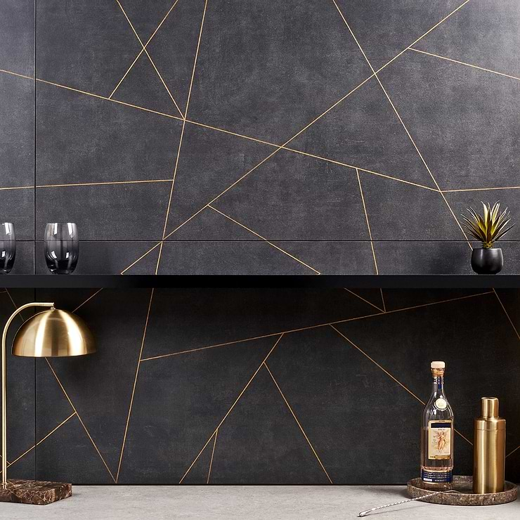 Whitney Ardesia Charcoal Black and Gold Line 24x48 Artisan Decor Matte Porcelain Wall Tile