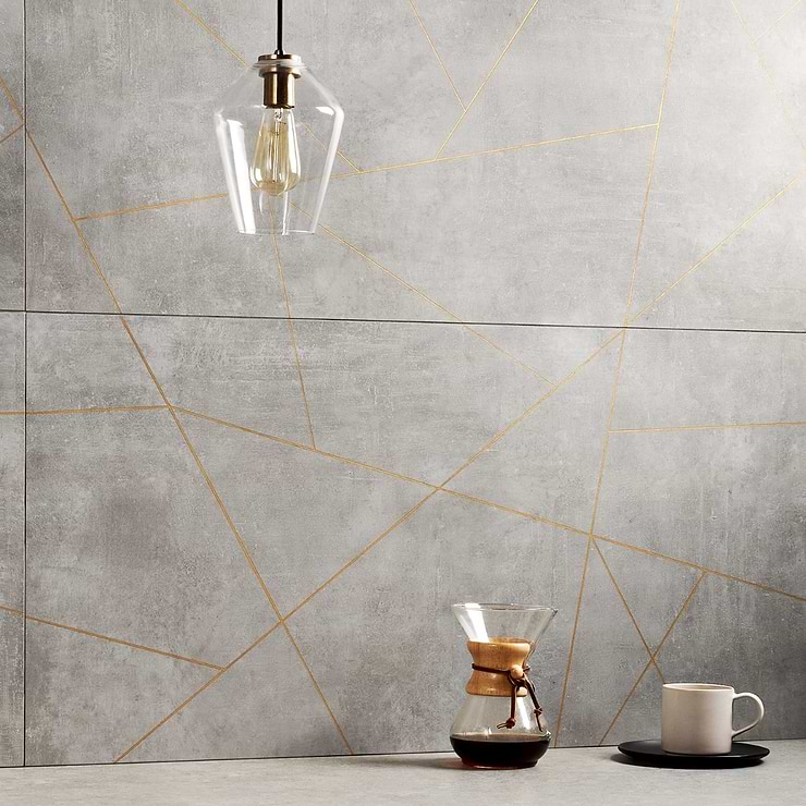 Whitney Cemento Gray and Gold Line 24x48 Artisan Decor Matte Porcelain Wall Tile