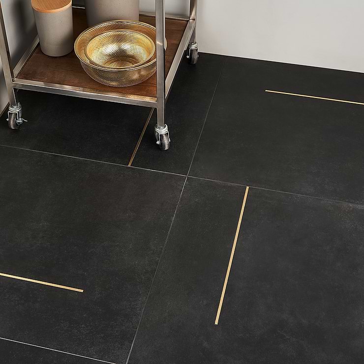 Lines Brass Inlay Black 24x24 Matte Porcelain Tile