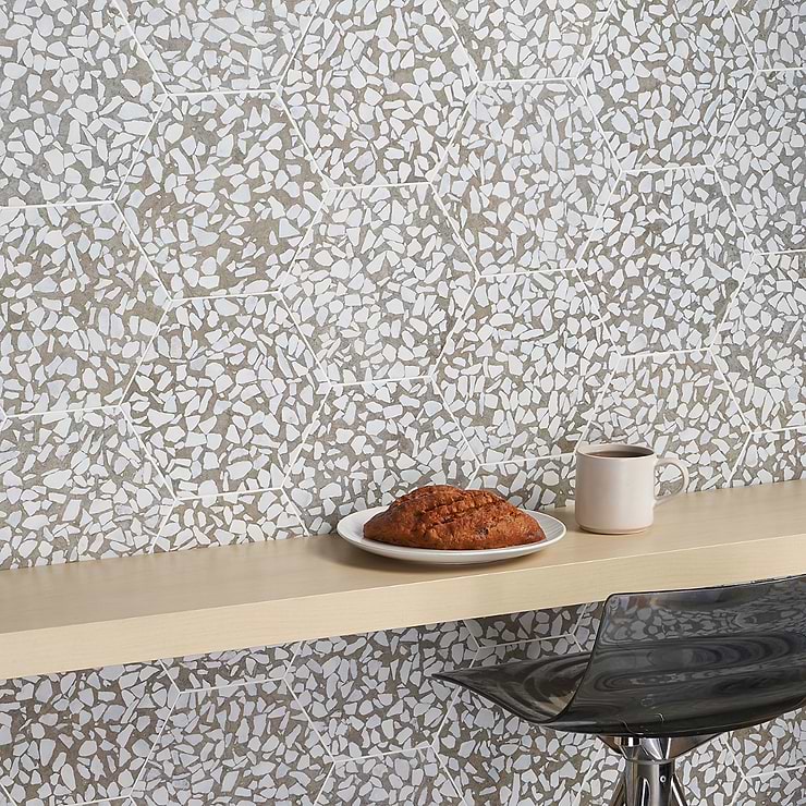 Terrazzo Hex Grigio Gray 9" Terrazzo Look Matte Porcelain Tile
