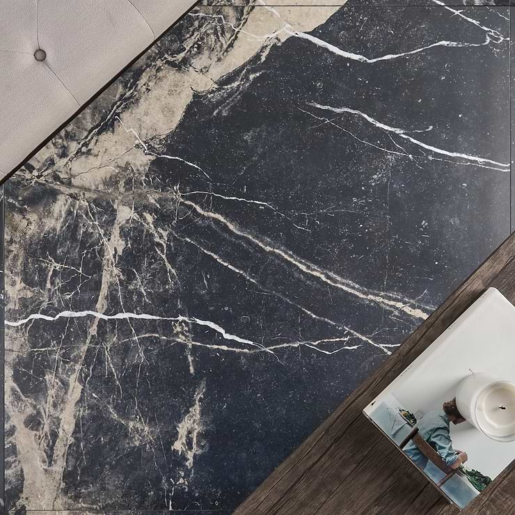 Autograph Noir Sabbia Black 48x48 Marble Look Satin Porcelain Tile
