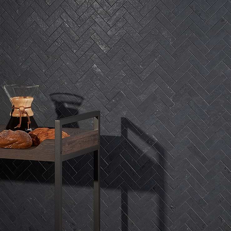 Portrait Black Gold 1x4 Herringbone Matte Porcelain Mosaic Tile