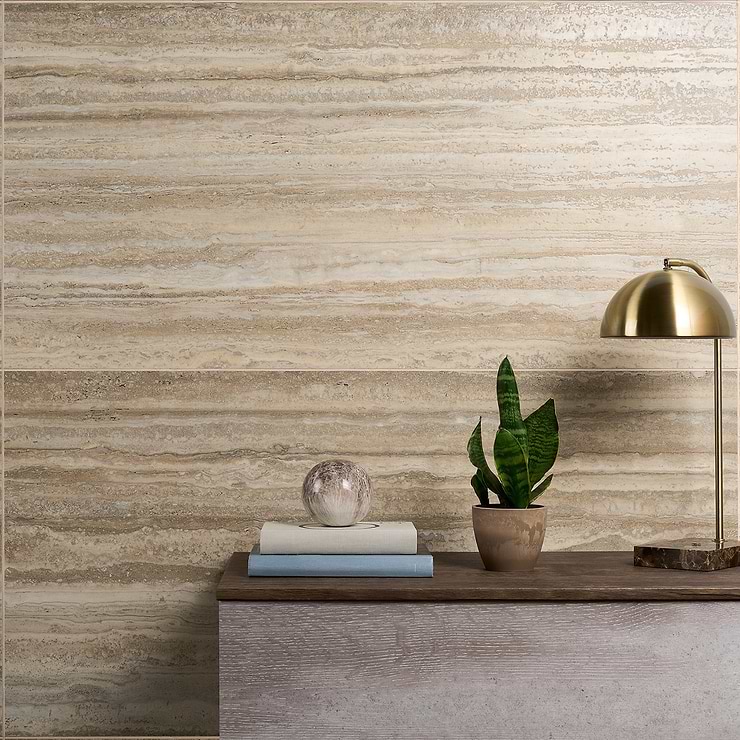 Romani Travertine Hazelnut Beige 24x48 Stone Look Satin Porcelain Tile