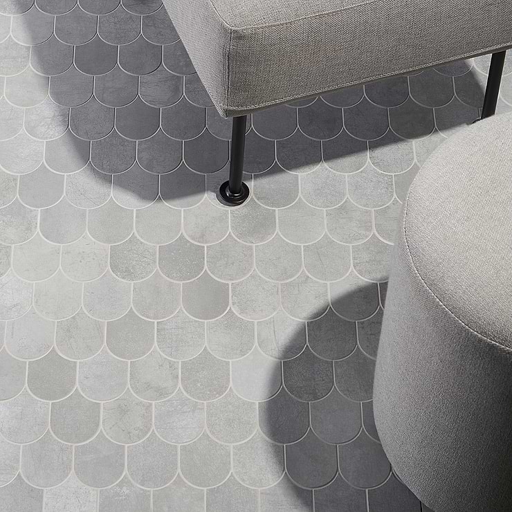 Bond Excalibur Medium Gray Fishscale Plume Matte Porcelain Mosaic Tile