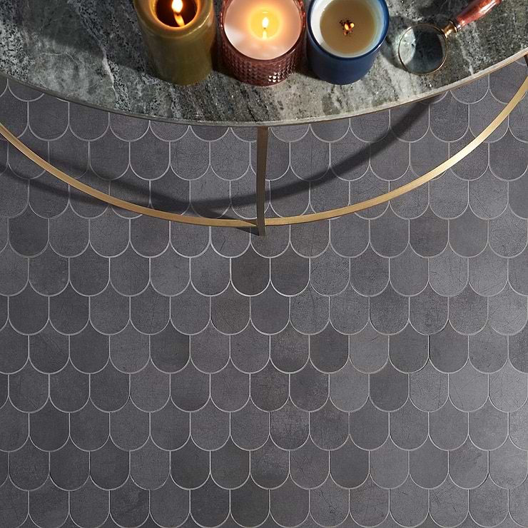 Bond Venom Black Charcoal Fishscale Plume Matte Porcelain Mosaic Tile