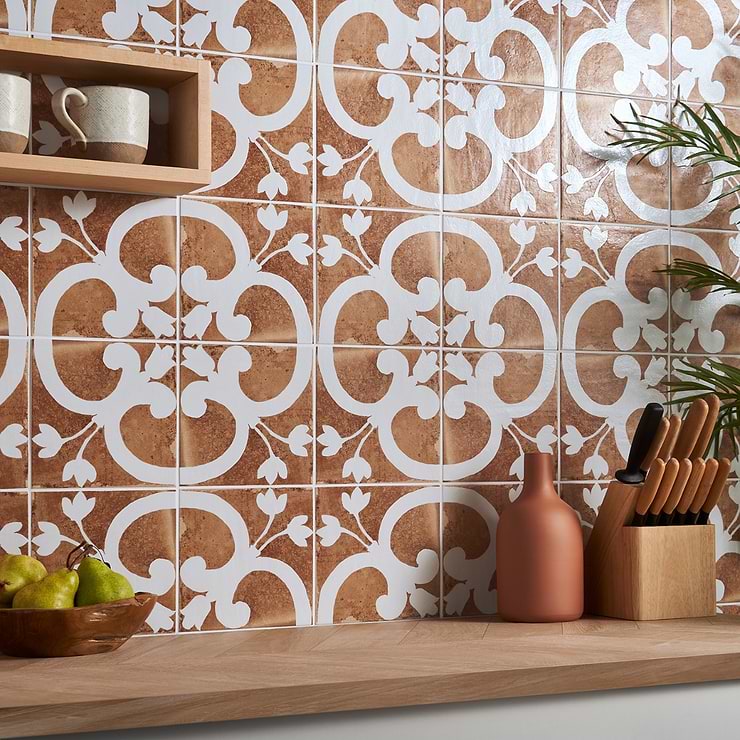 Angela Harris Mediterra Flora Terracotta 8x8 Matte Porcelain Tile
