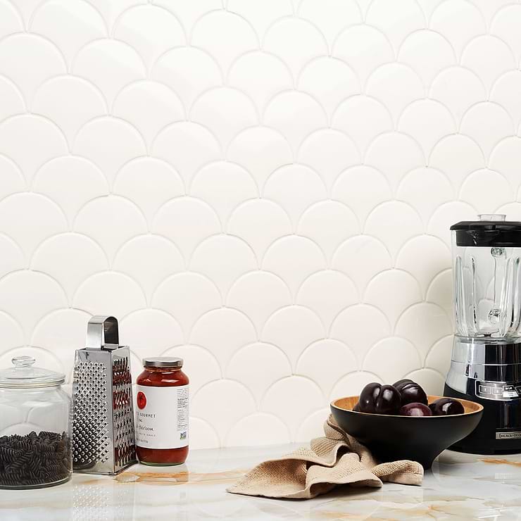 Highwater Rice White Fishscale 2x5 Polished Ceramic Wall Tile