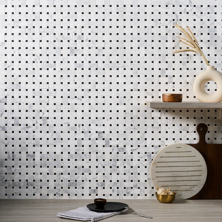 Trenza Basket Weave Carrara Marble Polished Mosaic Tile