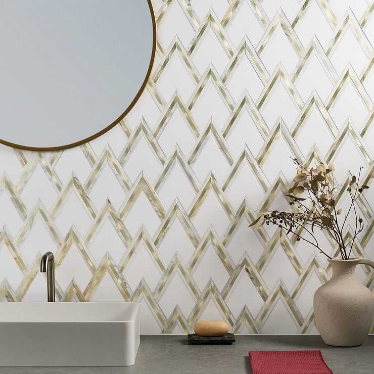 VZAG White and Gold 6" Polished Marble & Brass Mosaic Tile by Vanessa Deleon