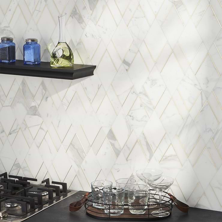 Enver Calacatta Polished Marble and Brass Mosaic Tile