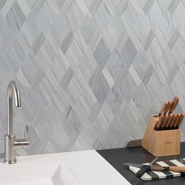 Enver Gray Polished Marble and Brass Mosaic Tile