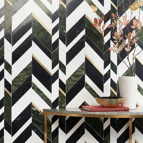 Amari Verde Green Jade Polished Marble and Brass Chevron Mosaic Tile