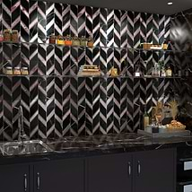 Magma Chevron Barcelona Nero Marquina Black and Iron Lava Stone Polished Mosaic Tile