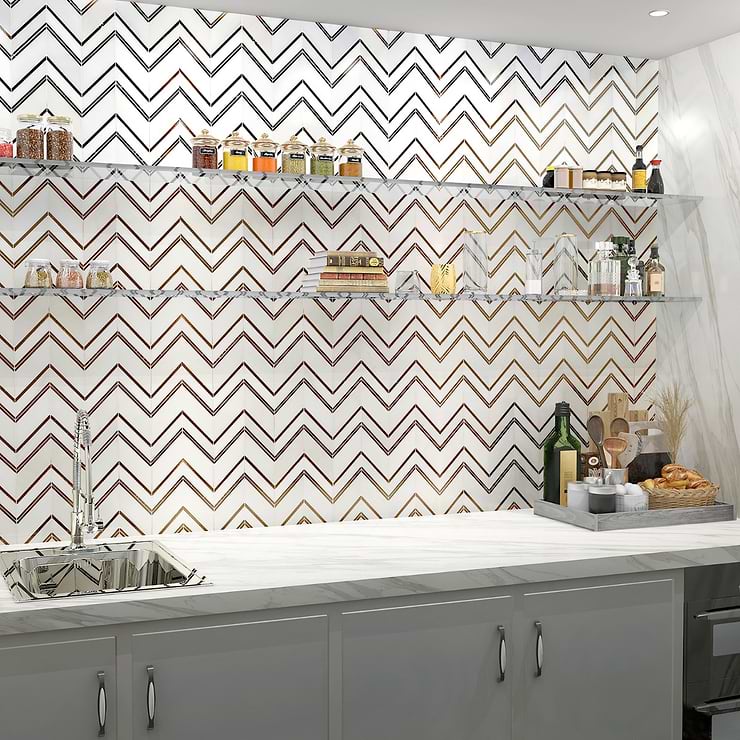 Magma Chevron Florence Bronze & White Polished Calacatta Marble & Lava Stone Mosaic Tile