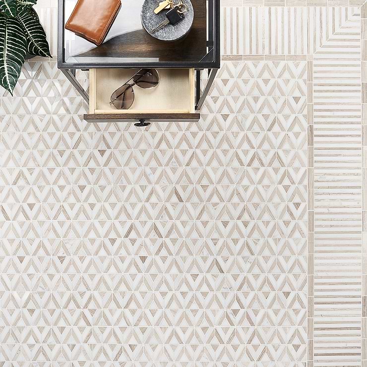 Monroe Border Asian Statuary and Wooden Beige 7.87x8.30 Polished Marble Mosaic Tile