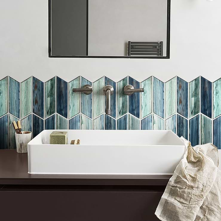 Maya Chevron Aqua Glass Mosaic Tile