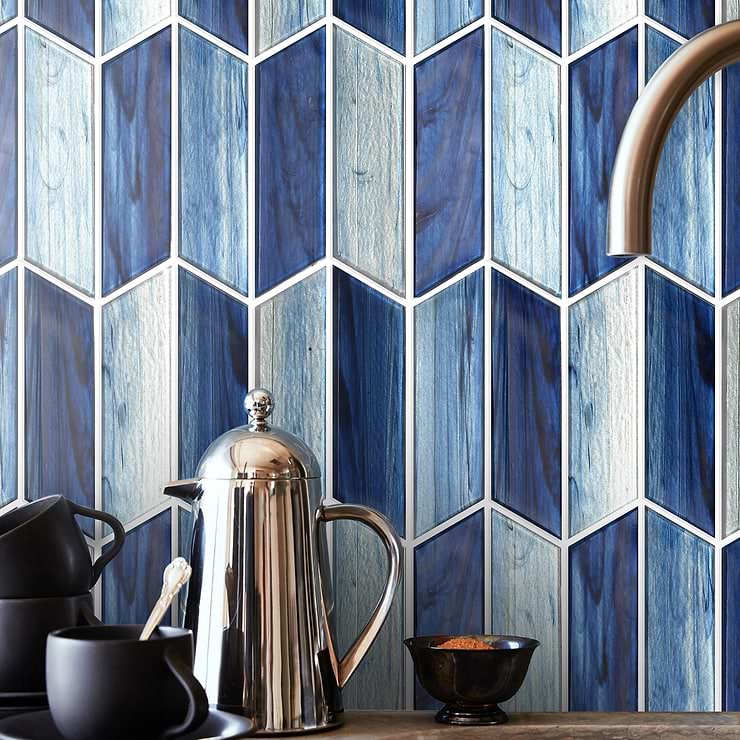 Maya Chevron Azur Glass Mosaic Tile