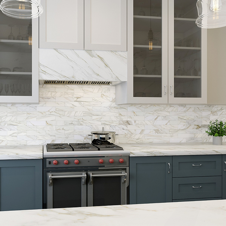 Calacatta White Gold 2x8 Honed Marble Subway Tile