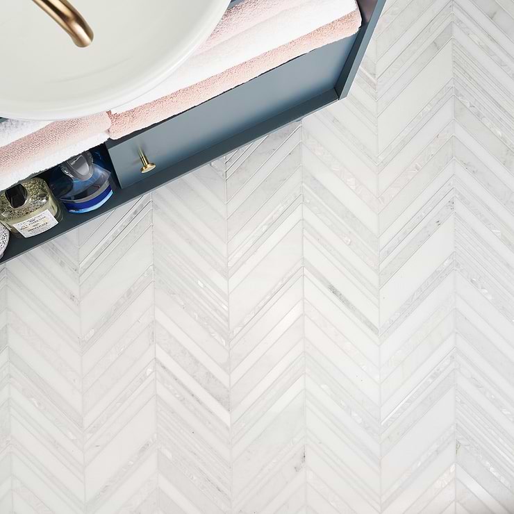 Aya White Polished Marble and Pearl Mosaic Tile