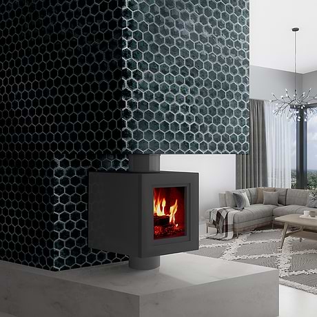 Nabi Hexagon Midnight Blue Green 3" Crackled Glossy Glass Mosaic Tile