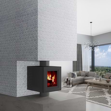 Nabi Hexagon Arctic Blue 3" Crackled Glossy Glass Mosaic Tile