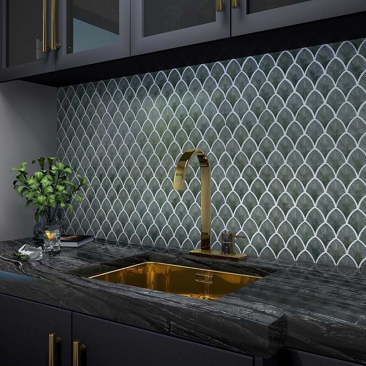 Nabi Fishscale Deep Emerald Green 3x4" Crackled Glossy Glass Mosaic Tile