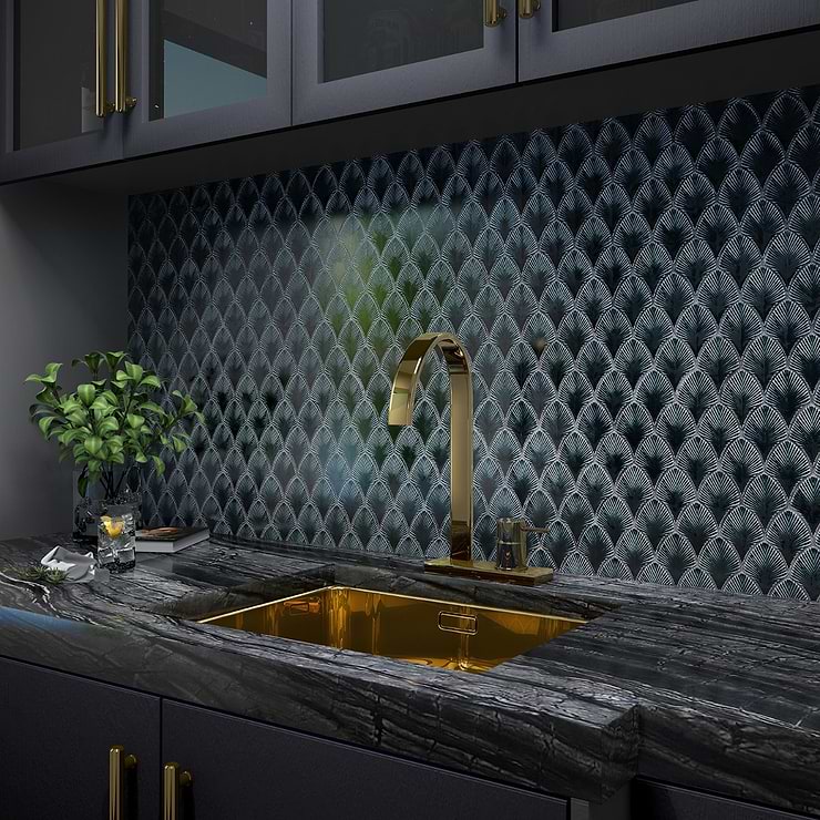Nabi Fishscale Midnight Blue Green 3x4" Crackled Glossy Glass Mosaic Tile