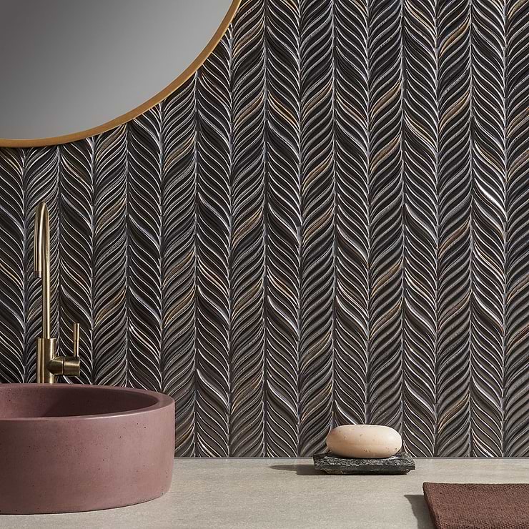 Nabi Alula Metallic Gunmetal Gray Chevron Matte Glass Mosaic Tile