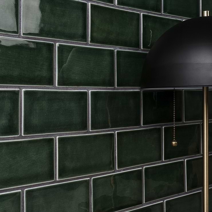 Nabi Subway Deep Emerald Green 3x6 Crackled Glossy Glass Tile
