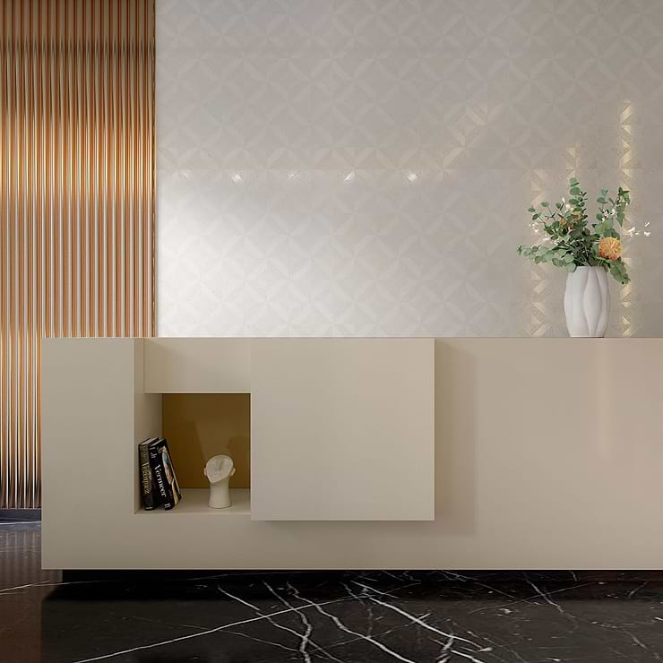 Cleopatra Diagonal Salt White Terrazzo and Bianco White Marble Polished Mosaic Tile
