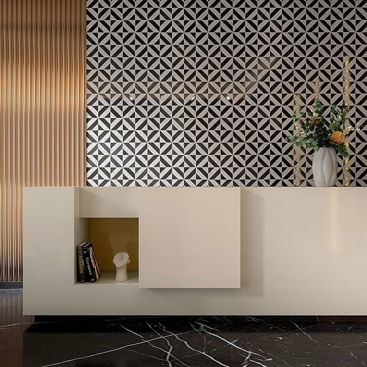 Cleopatra Diagonal Truffle White Terrazzo and Nero Marquina Black Marble Polished Mosaic Tile
