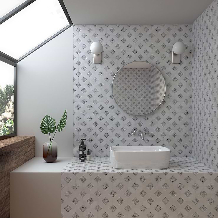 Cleopatra Diamond Truffle White Terrazzo and Bianco White Marble Polished Mosaic Tile