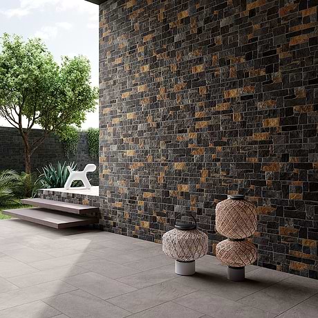 Rugged Tumbled Mix Black 6x24 Matte Porcelain Ledger Stone Veneer