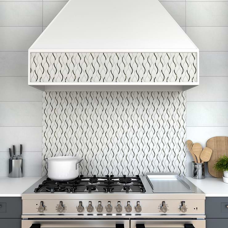 Euphoria Glass Lynx Silver Waved Teardrop Polished Thassos Marble Mosaic Tile