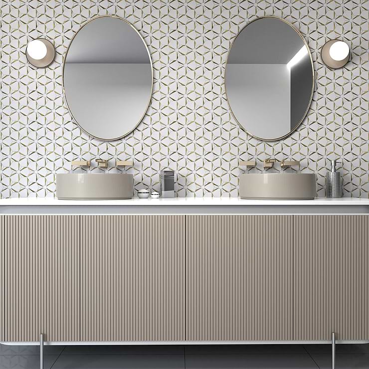 Euphoria Glass Arctic Gold Mixed Hexagon Polished Thassos Marble Mosaic Tile