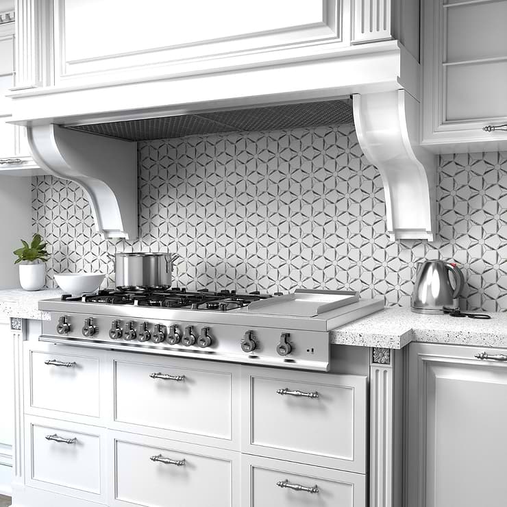 Euphoria Glass Arctic Silver Mixed Hexagon Polished Thassos Marble Mosaic Tile
