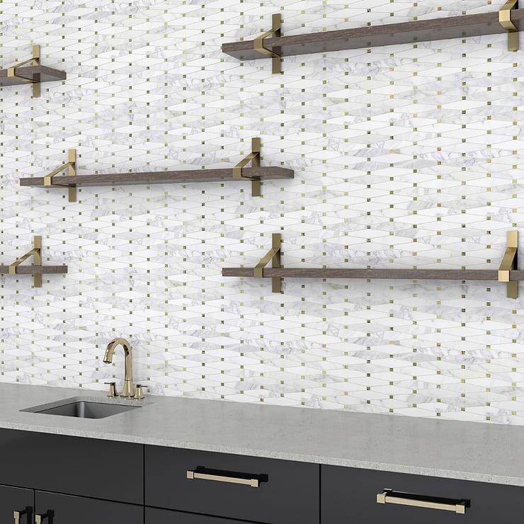 Euphoria Glass Gleam Gold Octagonal Polished Carrara Marble Mosaic Tile