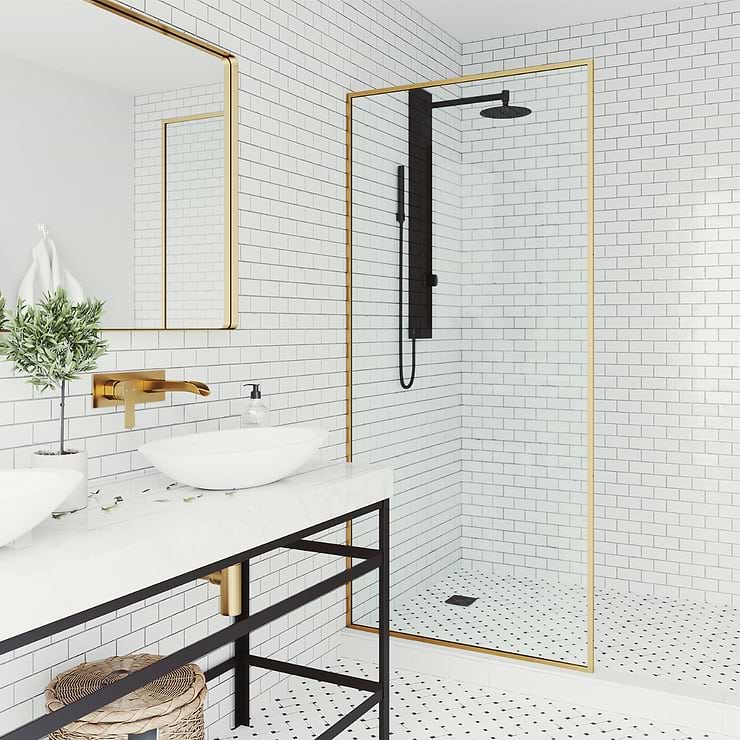Finestra 34x74" Reversible Fixed Shower Door with Clear Glass in Brushed Gold