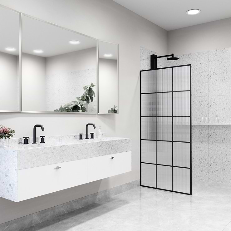 Finestra 34x74" Reversible Fixed Shower Door with Grid Fluted Glass in Matte Black