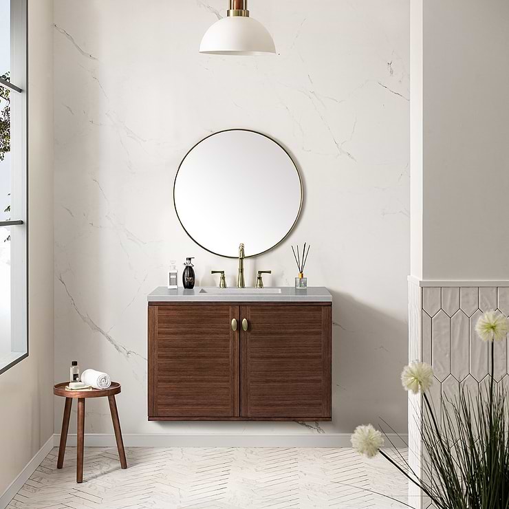 James Martin Vanities Amberly Mid-Century Walnut 36" Single Vanity with Eternal Serena Quartz Top